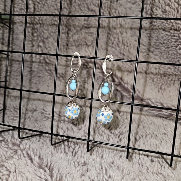 None Jewelry - Boho Silver Floral Dangle Earrings Blue White Ceramic Bead Artisan Chinoiserie